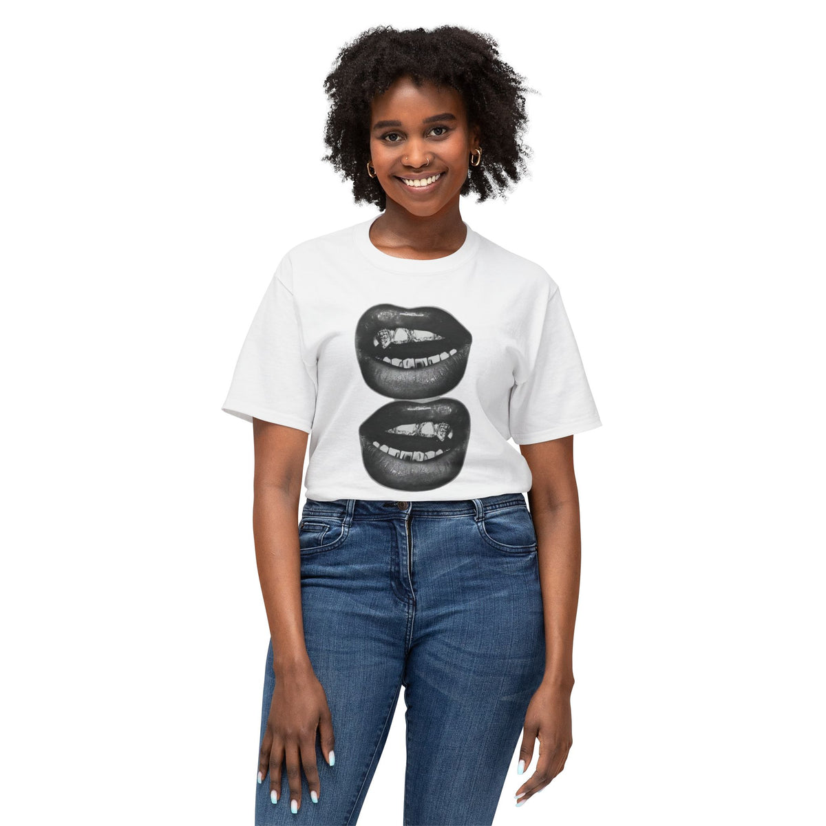 Graphic Tee — Black Biting Lips Print T‑Shirt