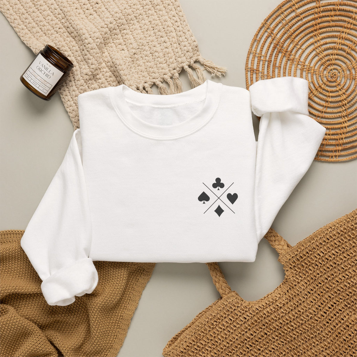 Poker Suit Crewneck Sweatshirt — Minimal Card Suits Chest Design
