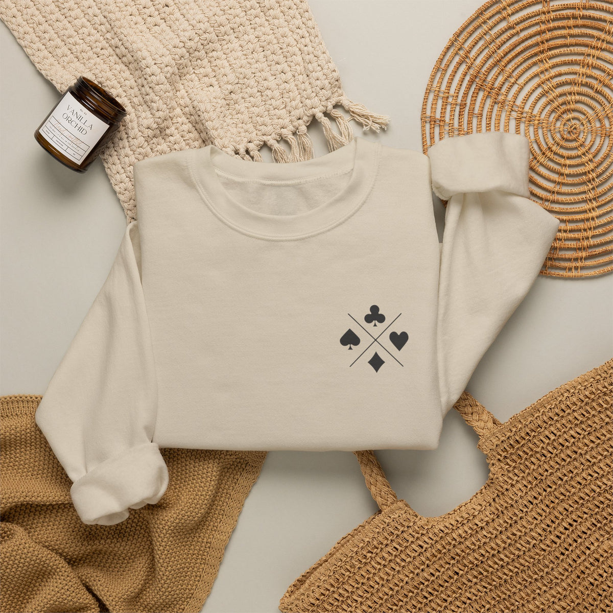 Poker Suit Crewneck Sweatshirt — Minimal Card Suits Chest Design