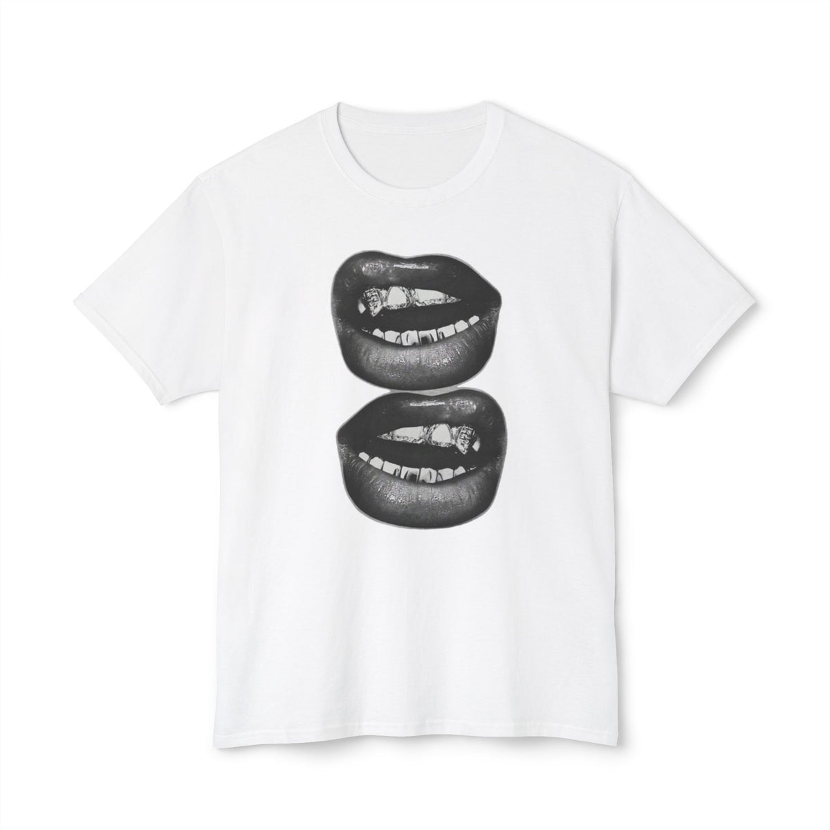 Graphic Tee — Black Biting Lips Print T‑Shirt