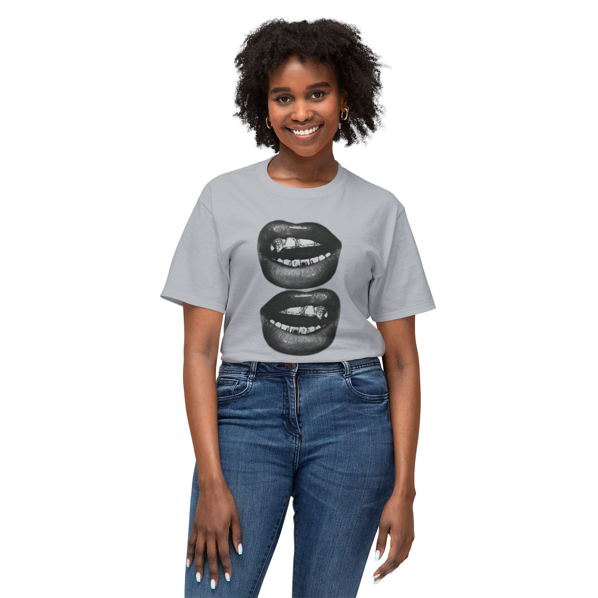 Graphic Tee — Black Biting Lips Print T‑Shirt