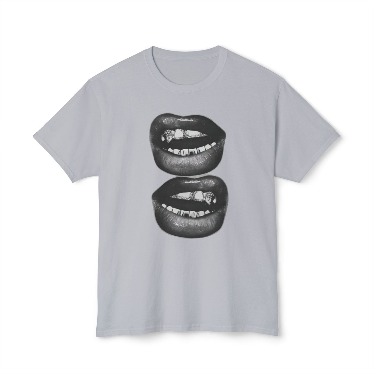 Graphic Tee — Black Biting Lips Print T‑Shirt