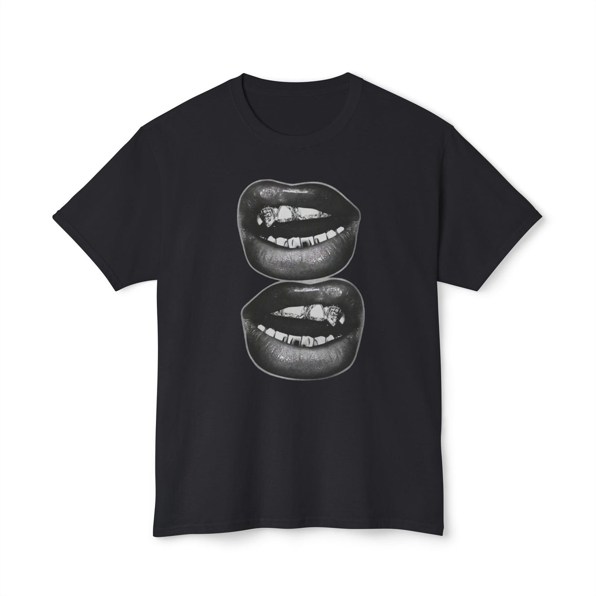 Graphic Tee — Black Biting Lips Print T‑Shirt