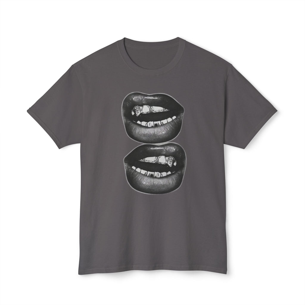 Graphic Tee — Black Biting Lips Print T‑Shirt