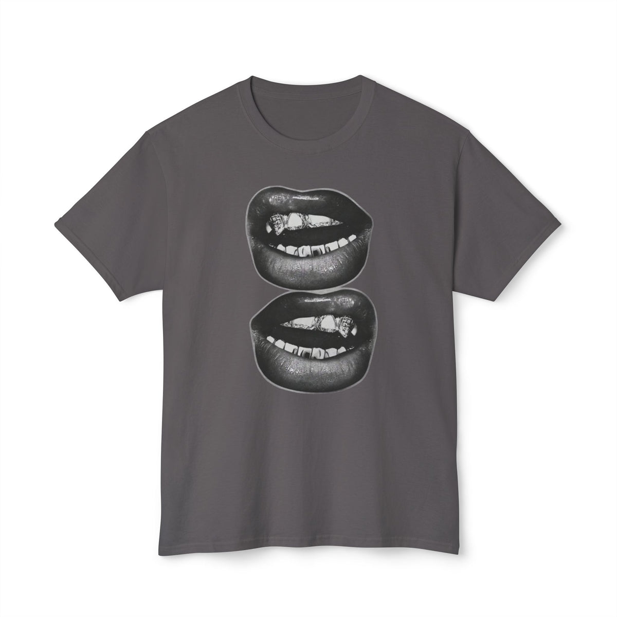 Graphic Tee — Black Biting Lips Print T‑Shirt